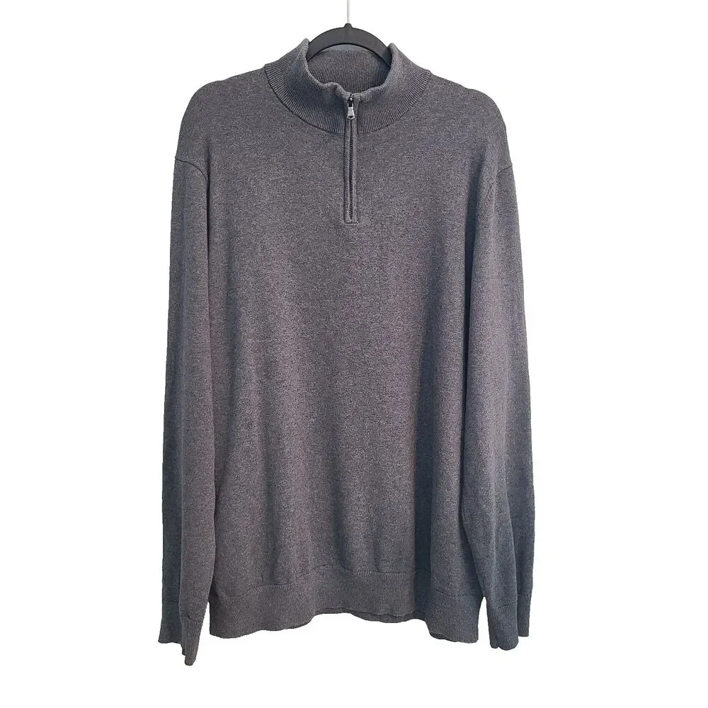 Lands End Mens L/T Grey Cotton Quarter Zip Mock Neck Sweater Grandpacore Cozy